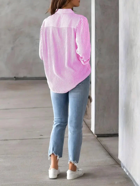 Button-Up Striped Print Long Sleeve Shirt with Pocket for Women