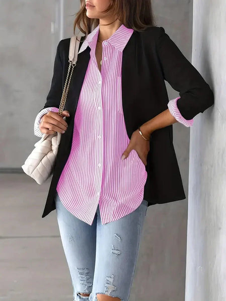 Button-Up Striped Print Long Sleeve Shirt with Pocket for Women