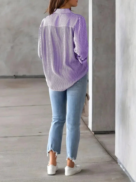 Button-Up Striped Print Long Sleeve Shirt with Pocket for Women