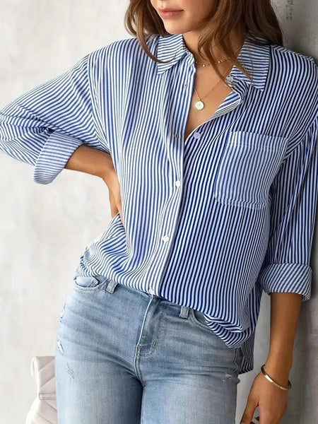 Button-Up Striped Print Long Sleeve Shirt with Pocket for Women