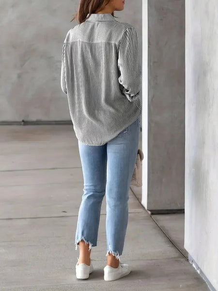 Button-Up Striped Print Long Sleeve Shirt with Pocket for Women