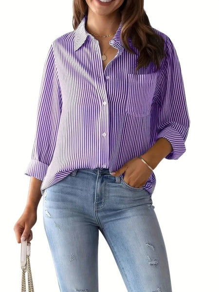 Button-Up Striped Print Long Sleeve Shirt with Pocket for Women