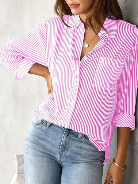 Button-Up Striped Print Long Sleeve Shirt with Pocket for Women