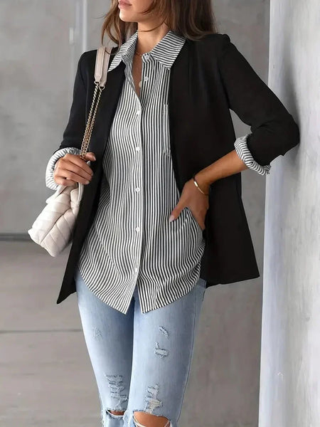 Button-Up Striped Print Long Sleeve Shirt with Pocket for Women