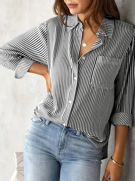 Button-Up Striped Print Long Sleeve Shirt with Pocket for Women