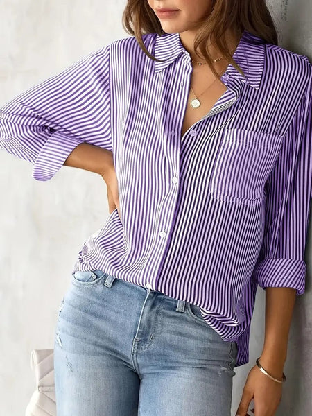 Button-Up Striped Print Long Sleeve Shirt with Pocket for Women