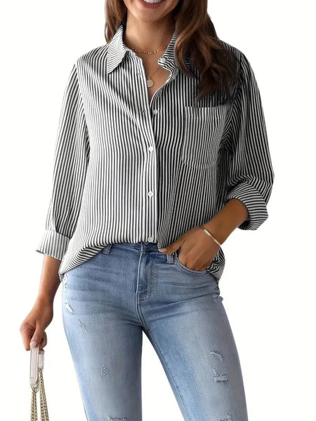 Button-Up Striped Print Long Sleeve Shirt with Pocket for Women