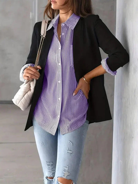 Button-Up Striped Print Long Sleeve Shirt with Pocket for Women