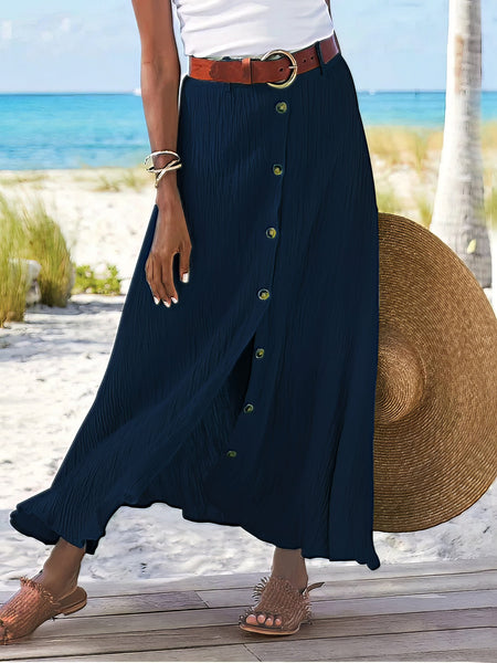 Women's Cotton-Linen Button-Front A-Line Maxi Skirt in Chambray