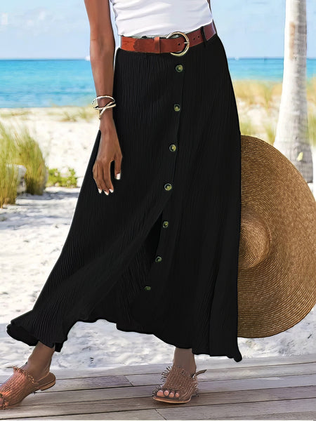 Women's Cotton-Linen Button-Front A-Line Maxi Skirt in Chambray