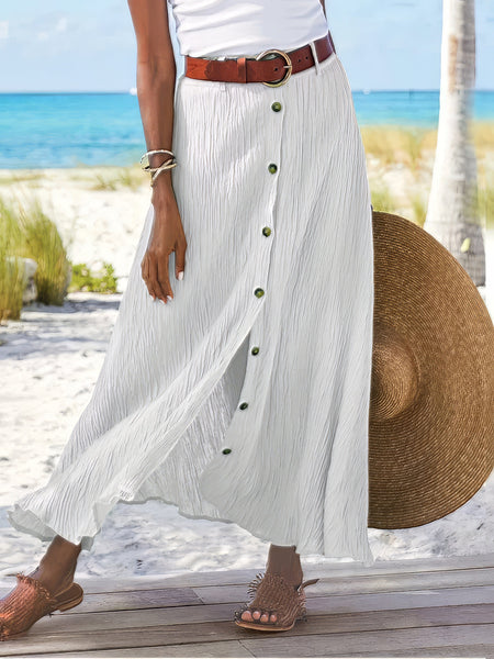Women's Cotton-Linen Button-Front A-Line Maxi Skirt in Chambray