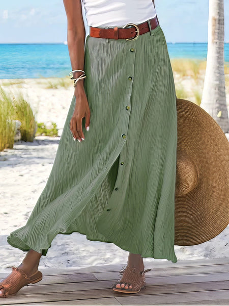Women's Cotton-Linen Button-Front A-Line Maxi Skirt in Chambray