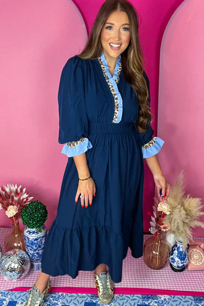 Elegant Women's Navy Blue Flowy Midi Dress with Ruffled 3/4 Sleeves and Stylish Contrast Frill for Casual Chic Look