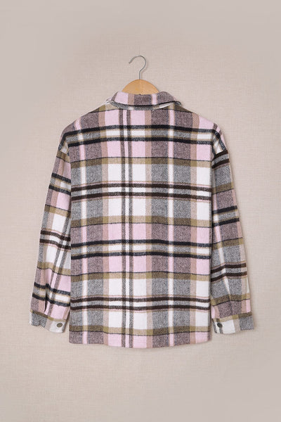 Trendy Women's Oversized Pink Geometric Plaid Shacket with Pockets Perfect for Casual Chic Outfits