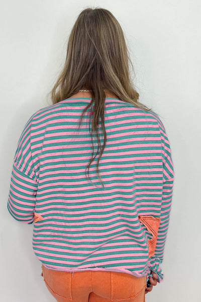 Women's Casual Green Stripe Knit Top with Starry Patch, Drop Shoulder Design, and Trendy Raw Edge Detail