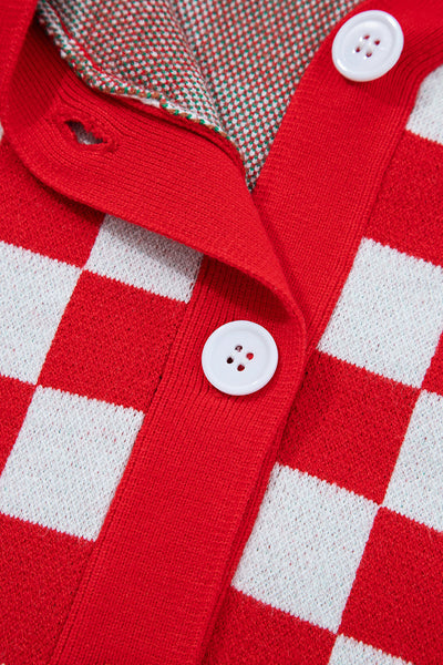 Cozy Women's Red Checkered V-Neck Cardigan Sweater for Festive Holiday Style and Comfort