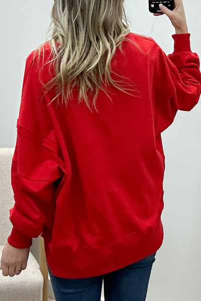 Cozy Women's Red Holly Jolly Sweatshirt | Relaxed Fit with Fun Letter Embroidery for a Playful Style