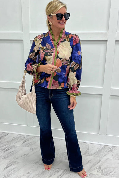 Women's Fall Fashion Floral Print Blouse in Blue with Frilly Striped Trim and Puff Sleeves for a Chic Look