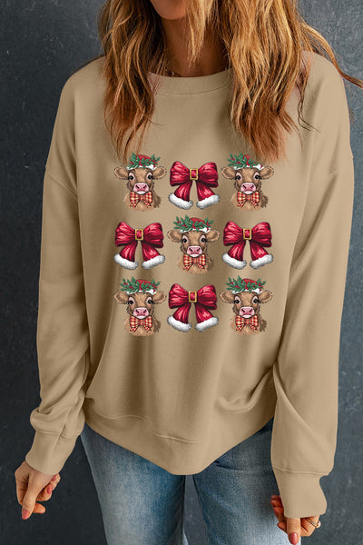 Women's Khaki Highland Cow Holiday Graphic Sweatshirt