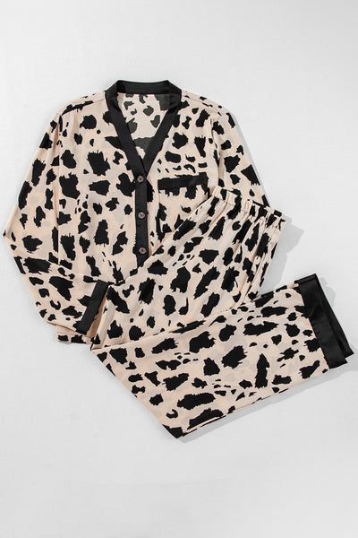 Women's Loose Fit Khaki Cheetah Print Two-Piece Sleepwear Set with Contrast Trim for Cozy Nights