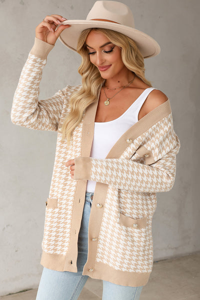Chic Women's Slim Fit Khaki Cardigan with Contrast Edges, Metal Buttons, and Functional Pockets for Effortless Style