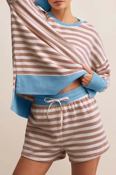 Plus Size Women's Khaki Stripe Contrast Edge Lounge Set with Drop Shoulder Pullover and Shorts for Comfort and Style