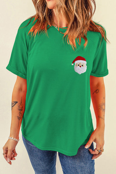 Women's Embroidered Santa Christmas Graphic Tee in Festive Green