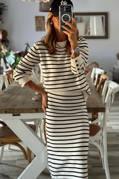 Trendy Women's Black Stripe Ribbed Long Sleeve Top and Midi Skirt Set with Button Cuffs - Stylish 2-Piece Ensemble