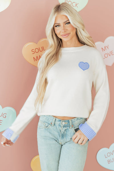 Women's Plaid Heart Embroidered Cuffed Crew Neck Sweater