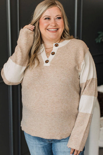 Plus Size Women's Stylish Color Block Sweater in Parchment with Buttoned Notched Neck and Trendy Long Sleeves