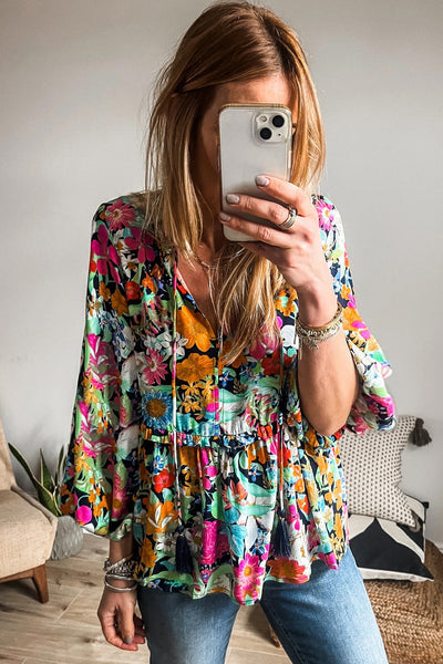 Chic Women's Multicolor Floral Ruffled Blouse with Bubble Sleeves and V-Neck for Effortless Everyday Style