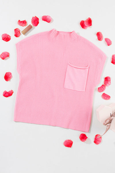 Chic Women's Pink Ribbed Knit Sweater with Short Sleeves and Stylish Patch Pockets for Effortless Casual Style