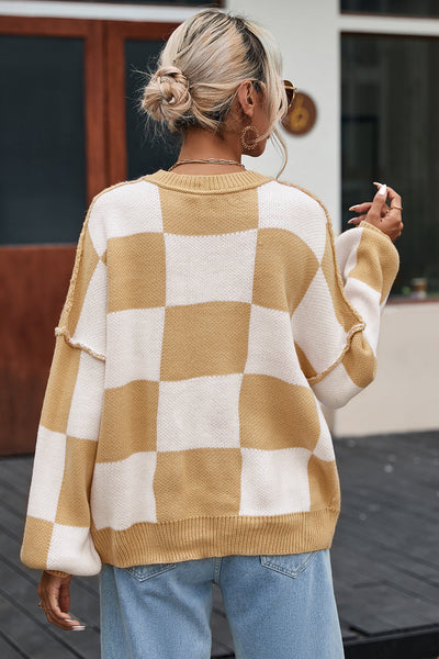 Cozy Women's Khaki Checkered Bishop Sleeve Sweater - Trendy Knit Top for Fall Fashion & Casual Outings