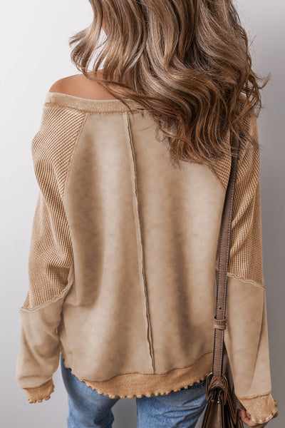 Cozy Women's French Beige Waffle Knit Raglan Sweatshirt with Stylish Patchwork Design for Casual Comfort
