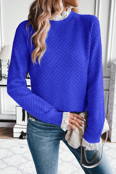 Elegant Women's Dark Blue Lace Trim Raglan Sleeve Sweater with Frills - Chic Casual Knitwear for Trendy Looks