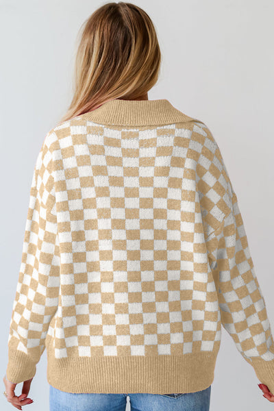 Cozy Women's Apricot Checkered V-Neck Sweater with Button Details & Drop Shoulder for Effortless Style