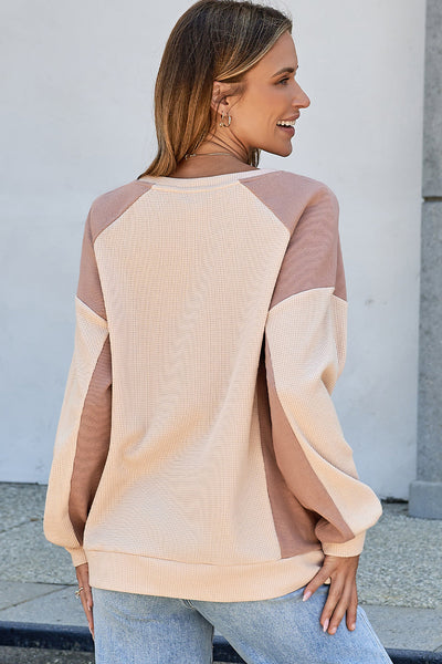 women's color block waffle knit raglan sweatshirt made for easy styling and wardrobe coordination, with premium-like structure and finish. with