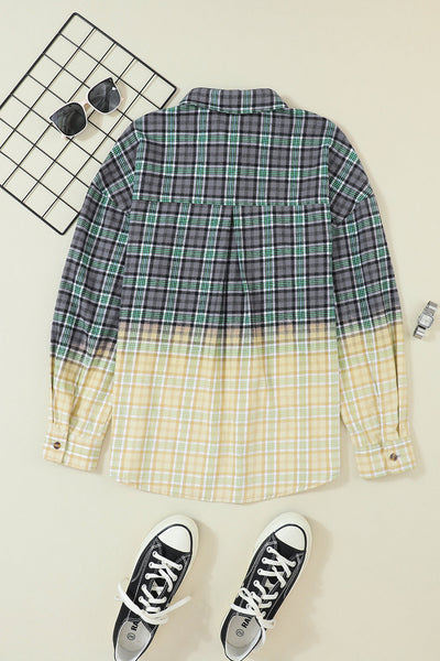 Green Plaid Patchwork Button Up Shacket with Chest Pocket