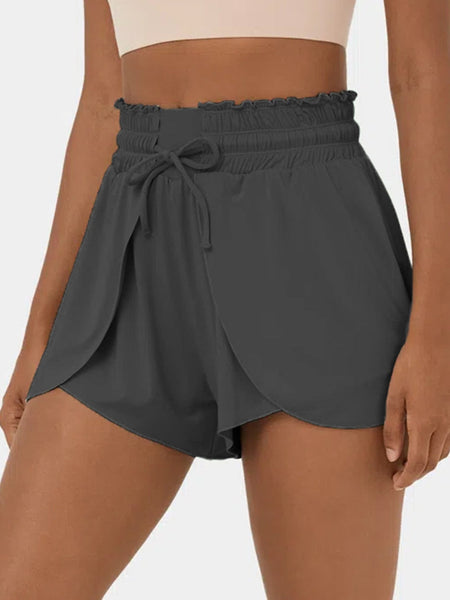 Dark Charcoal Ruffle High Waist Blossom Tie Swim Shorts