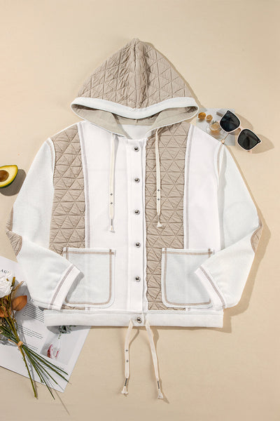 Women's Beige Quilted Hooded Jacket with Textured Patchwork Stylish Loose Fit for Cozy Comfort