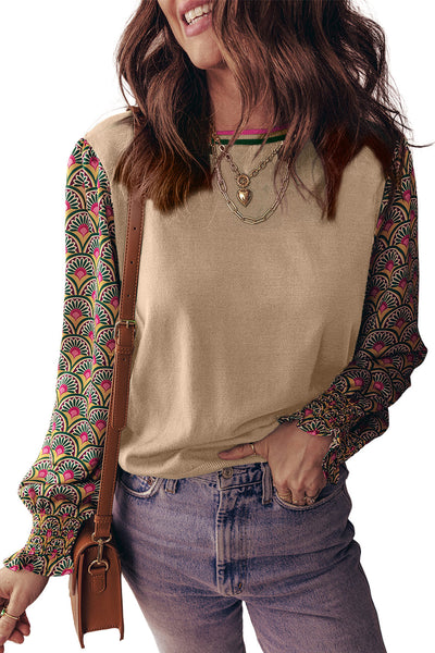 Women's Apricot Floral Patchwork Sweater with Shirred Cuffs and Puff Sleeves - Stylish and Cozy Knit Top