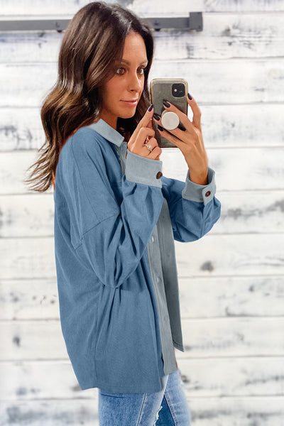 Dusk Blue Velvet Shacket for Women - Stylish Casual Outerwear with Flap Pockets & Drop Shoulder Design