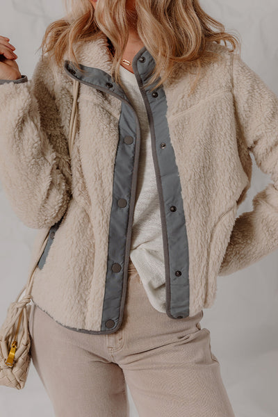 Cozy Women's Oatmeal Sherpa Fleece Winter Jacket with Snap Buttons & Contrast Trim for Ultimate Warmth and Style