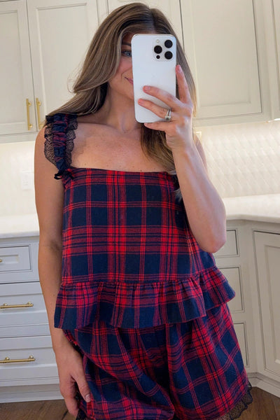 Cozy Women's Red Plaid Lace Trim Flounce Hem Tank Top & Loose Shorts Pajama Set for Relaxed Sleepwear