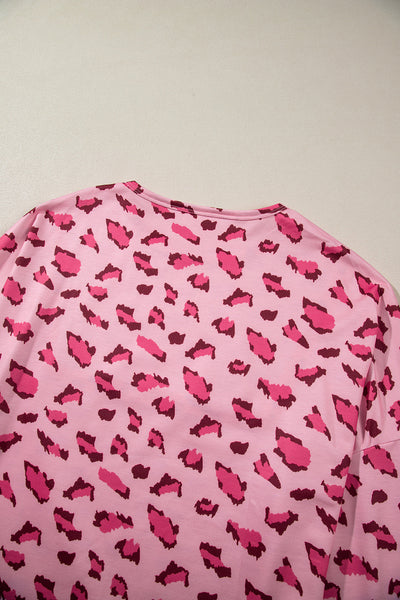 Women's Casual Loose Fit Pink Animal Print Long Sleeve Top with Stylish Stitching for Everyday Elegance