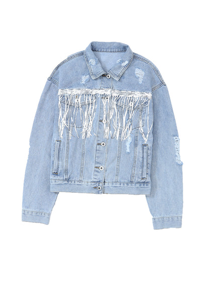 Women's Sky Blue Sequin Fringe Distressed Denim Jacket