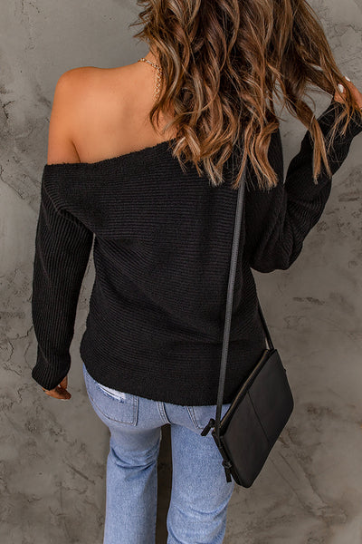 Elegant Off-The-Shoulder Black Knit Sweater