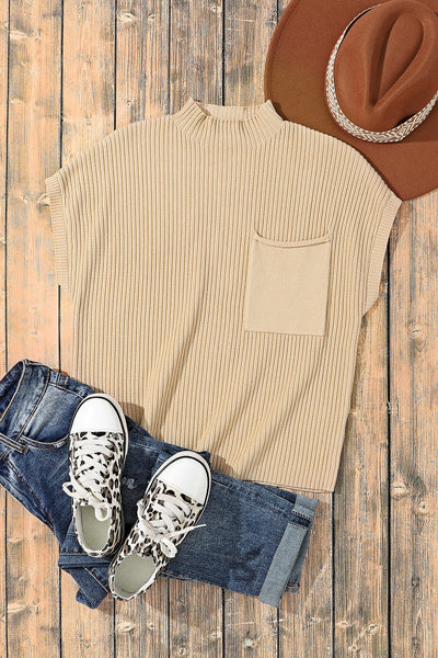 Cozy Women's Oatmeal Ribbed Knit Short Sleeve Sweater with Pockets - Casual Everyday Style for Effortless Comfort