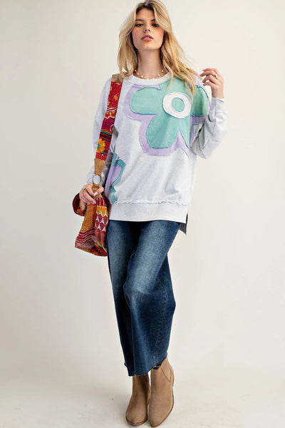 Trendy Women's Light Grey Long Sleeve Top with Color Block & Floral Patch - Casual Chic Fit for Everyday Wear