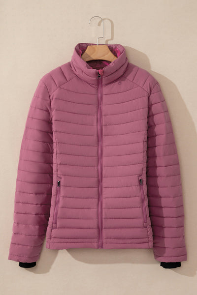 Women's Burgundy Quilted Puffer Jacket with Zip-Up Closure - Stylish, Warm, and Perfect for Winter Adventures